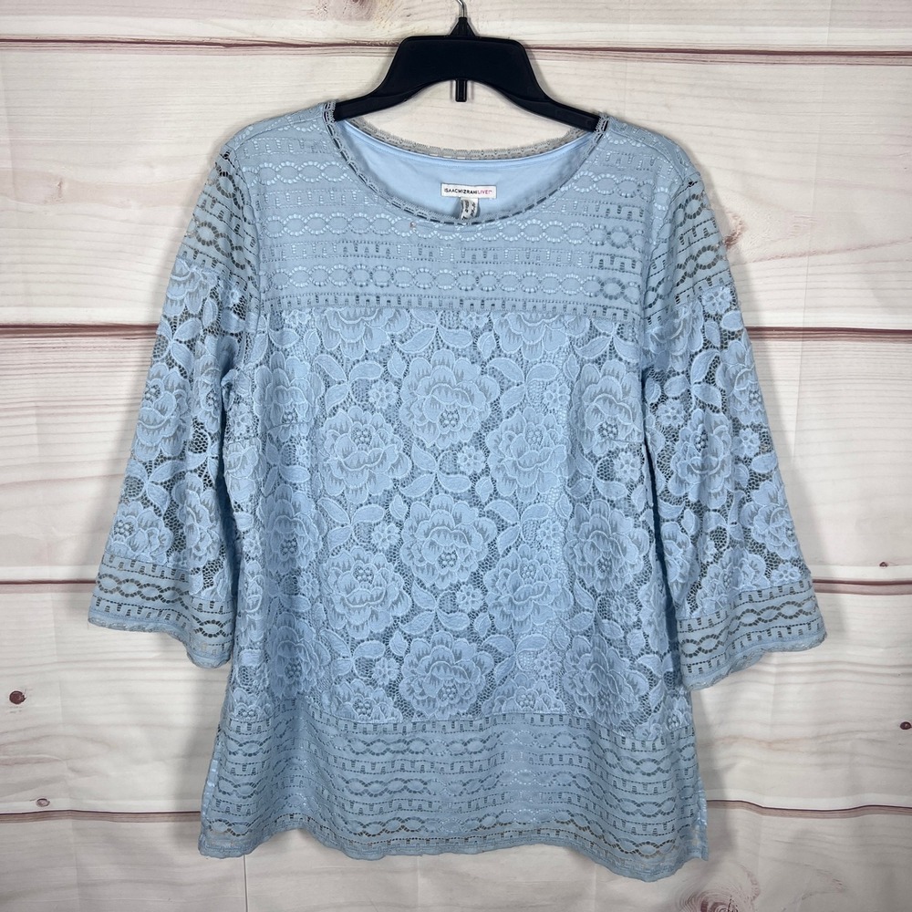 Isaac Mizrahi Live Top Womens Large Blue Lace Floral 3/4 Sleeve Lined Blouse